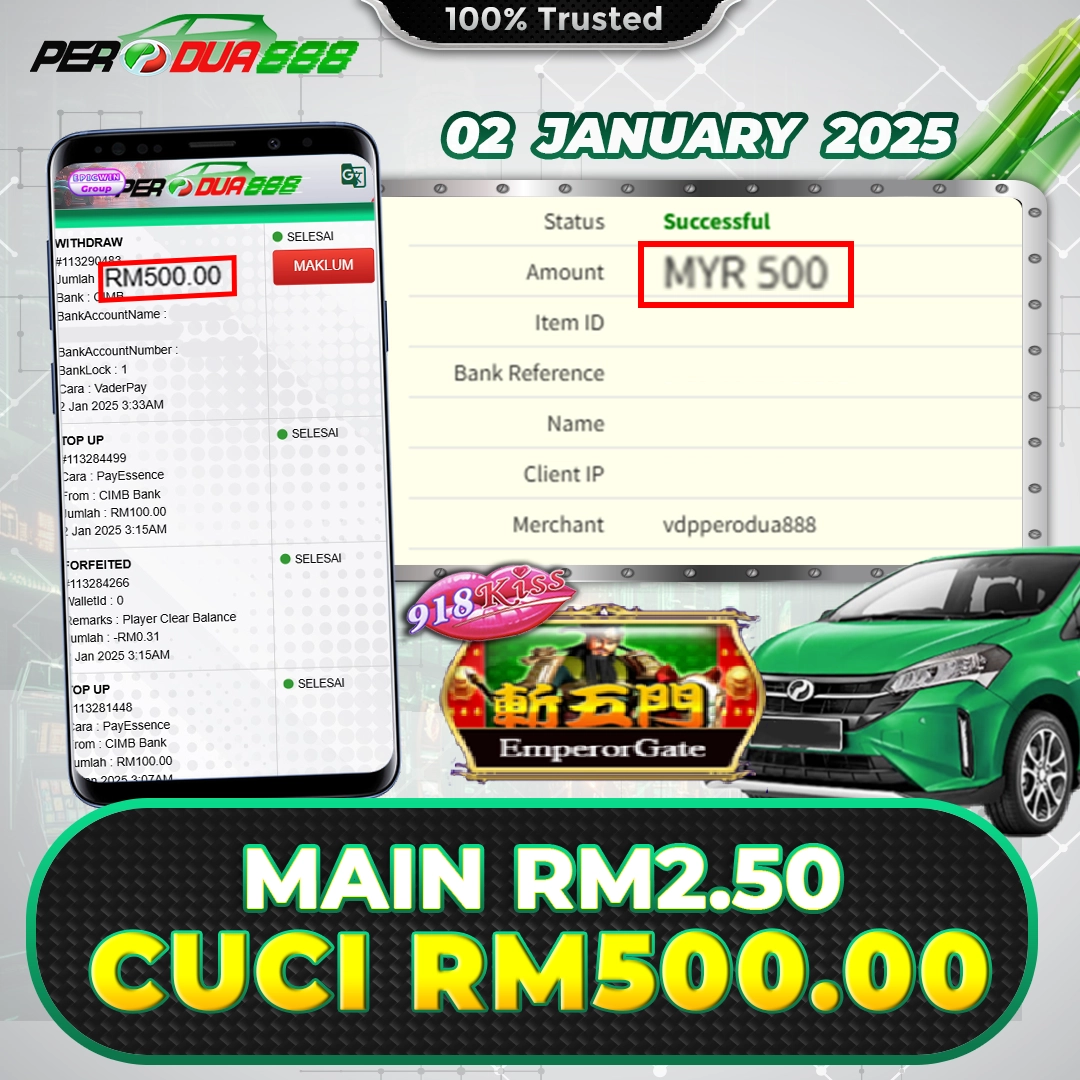 Perodua888 x 918Kiss: Emperor Gate slot game, showing a RM2.50 bet resulting in a RM500 payout.